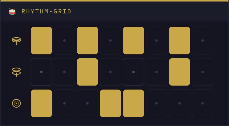 Rhythm-Grid: drei Spuren für Hi-Hat, Snare und Kick über acht Schläge, aktive Felder in Gold.